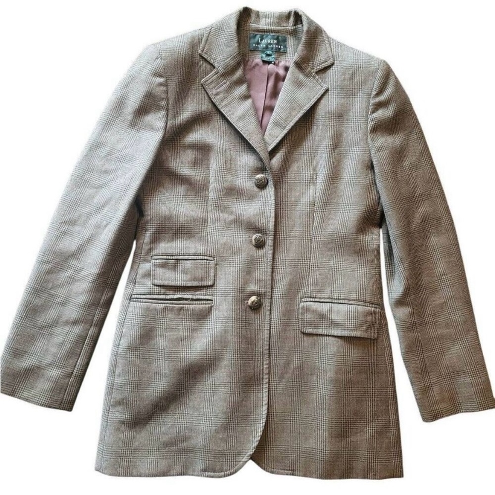 Lauren Ralph Lauren Blazer Women's 4 Brown Plaid Equestrian Vintage Worsted Wool